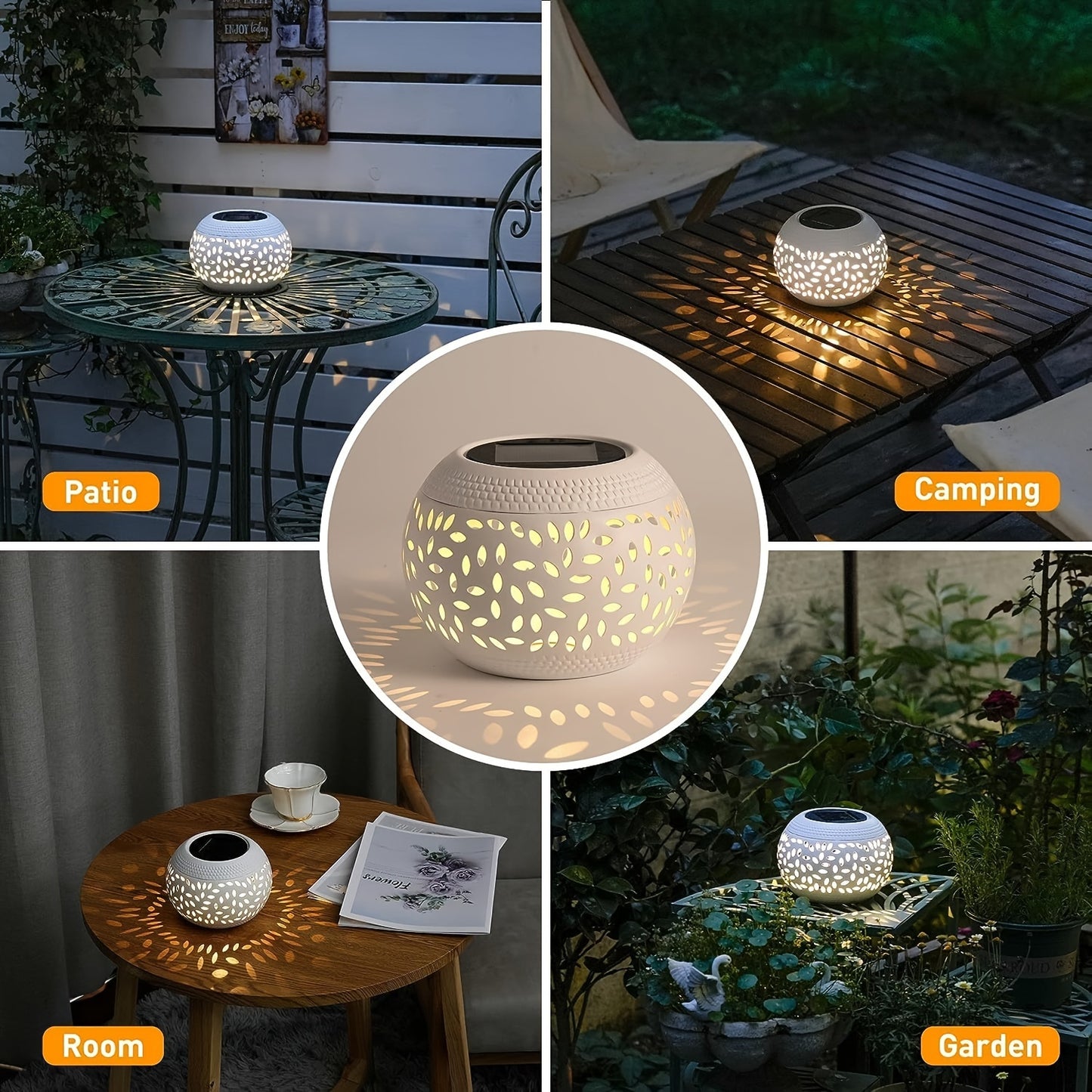 Solar Table Light Outdoor – White Metal Lantern, Solar Powered Decorative Garden & Patio Lamp