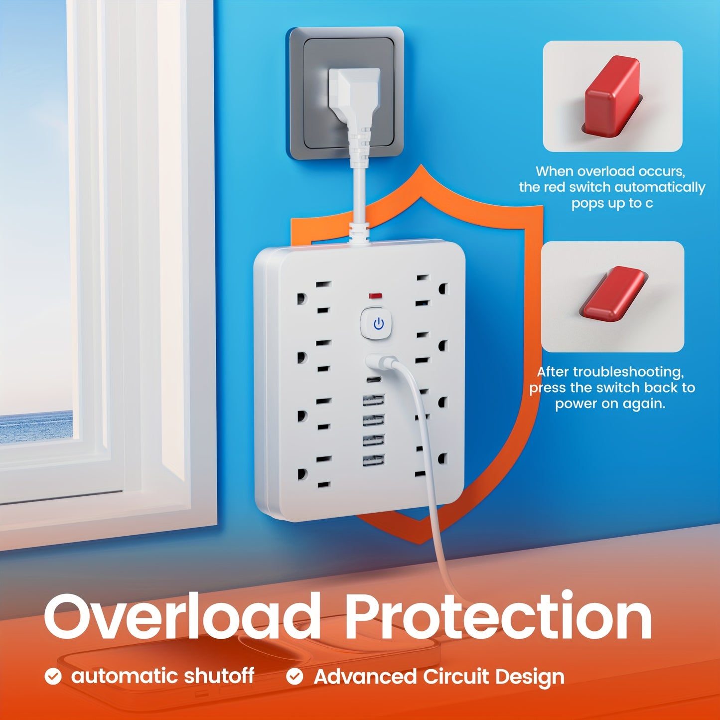 14-in-1 Power Strip with Surge Protector — 8 AC Outlets & 6 USB Ports (2 USB-C), Flat Plug, Short Cord, Overload Protection for Home, Office, School