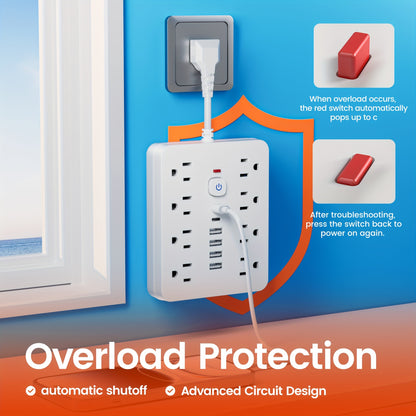 14-in-1 Power Strip with Surge Protector — 8 AC Outlets & 6 USB Ports (2 USB-C), Flat Plug, Short Cord, Overload Protection for Home, Office, School