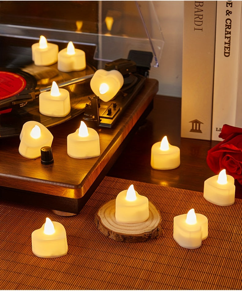 24pcs Heart-Shaped LED Candle Lights – Mini Flickering Night Lights for Weddings, Parties & Home Decor
