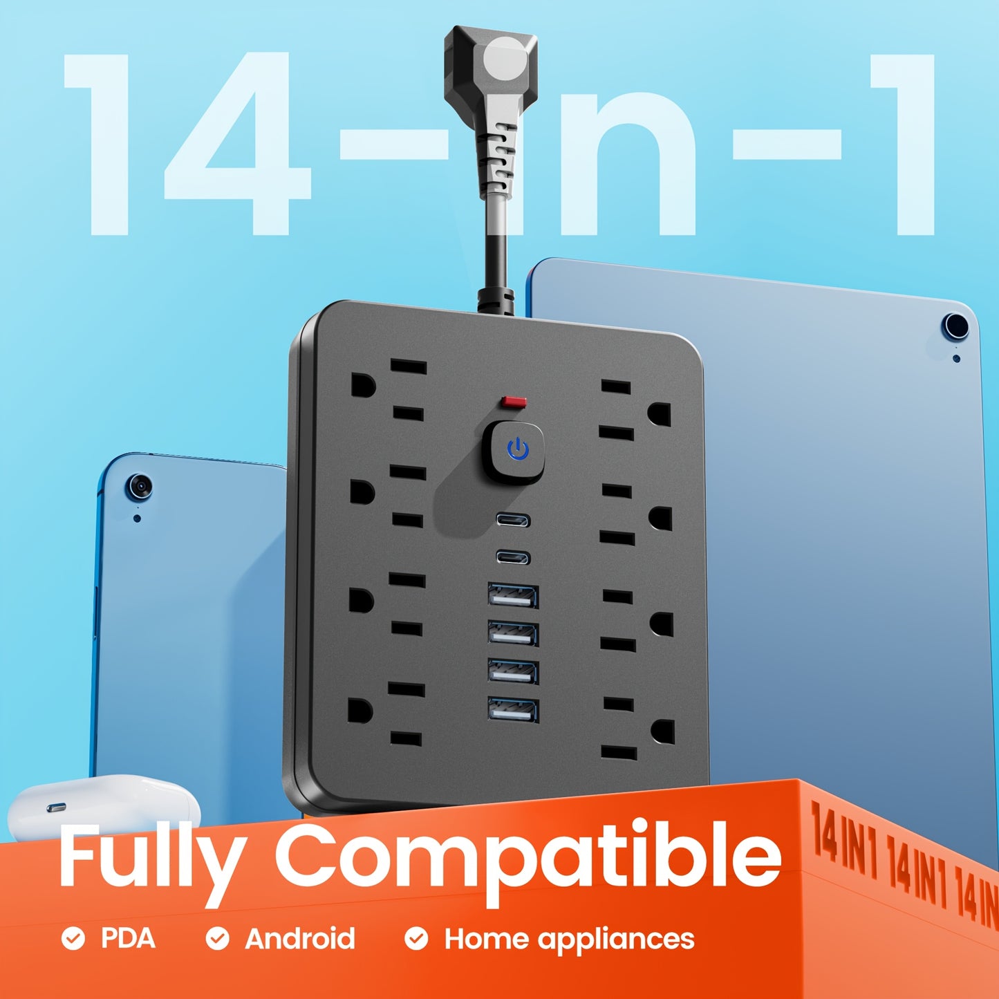 14-in-1 Power Strip with Surge Protector — 8 AC Outlets & 6 USB Ports (2 USB-C), Flat Plug, Short Cord, Overload Protection for Home, Office, School