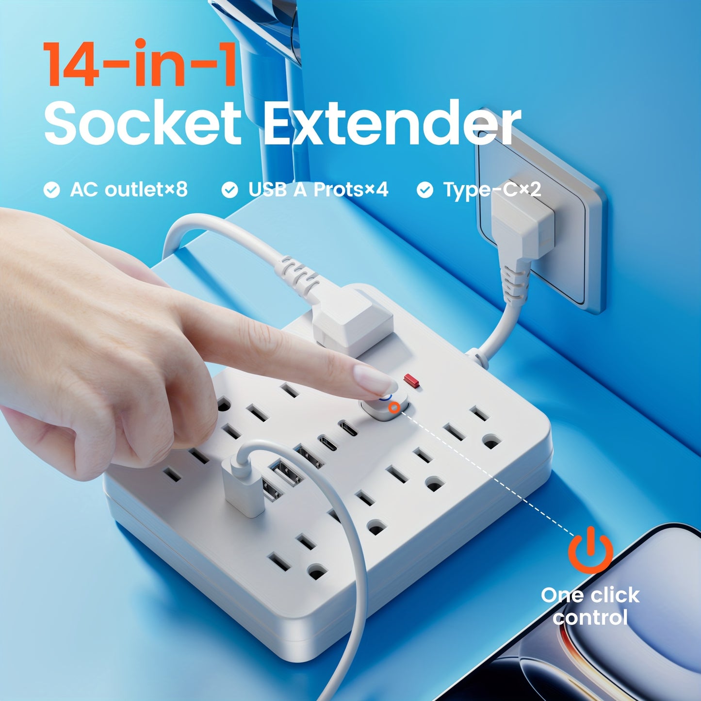 14-in-1 Power Strip with Surge Protector — 8 AC Outlets & 6 USB Ports (2 USB-C), Flat Plug, Short Cord, Overload Protection for Home, Office, School